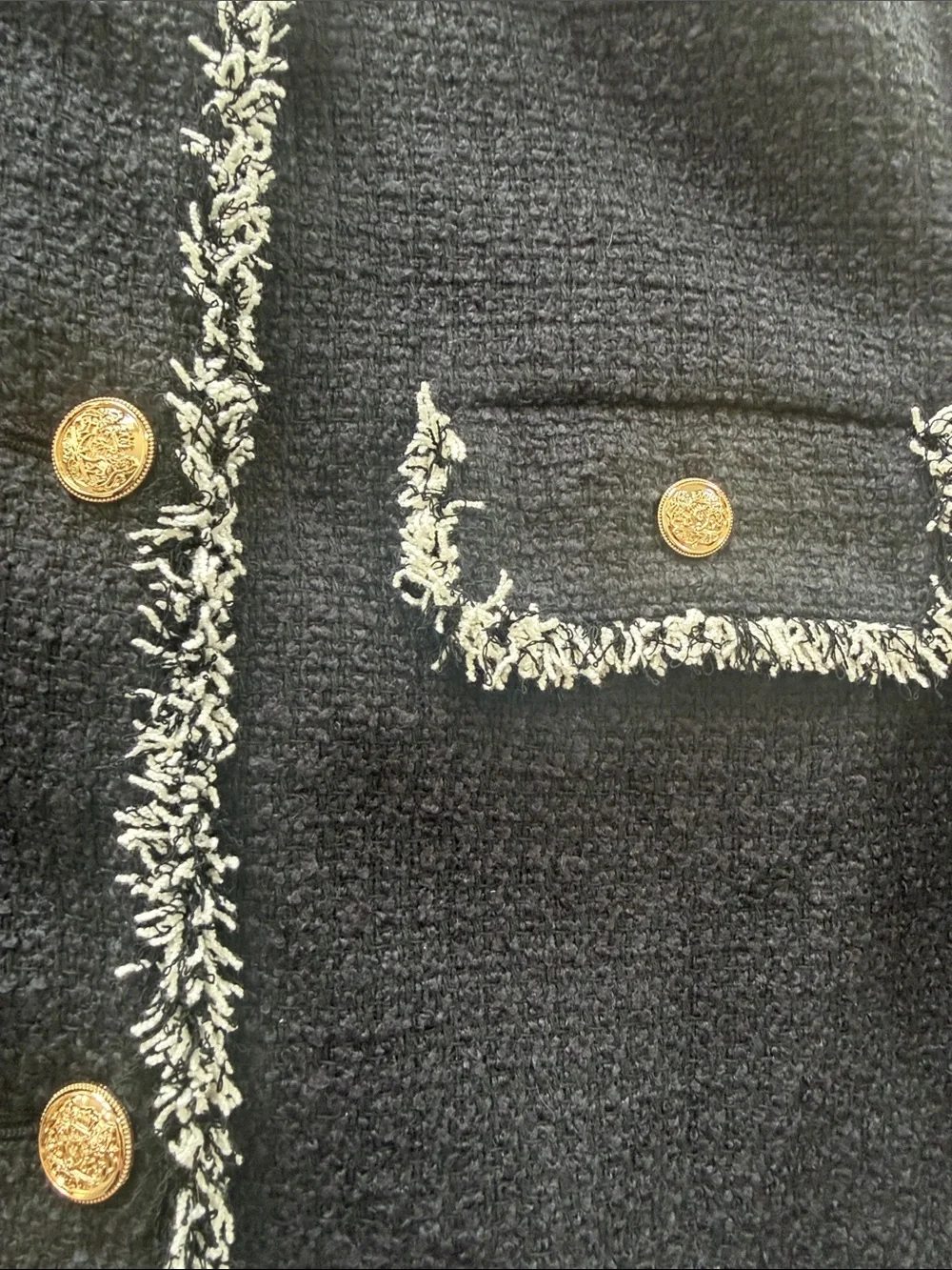 LOFT Tweed Jacket Women’s Large Black Textured Cropped Contrast Fringe Trim